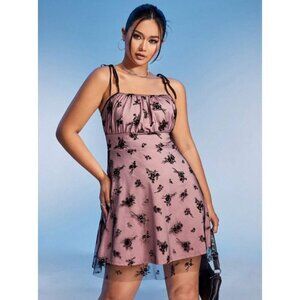 Shein Floral Print Cami Dress Tie Shoulder Womens Size L Pink Black‎ Fairycore